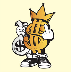 Vector design of a cartoon costume image combined with gold coins and a money sack, very cool and brightly colored, and very suitable for image needs on t-shirts or as posters.