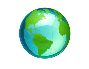 Naklejka premium A glossy, 3D Earth globe rendered with translucent blue oceans and vibrant green continents