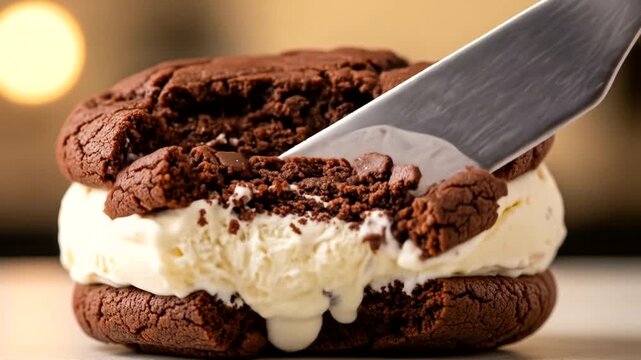 Delicious chocolate cookie sandwich filled with creamy vanilla ice cream, set against a softly blurred background
