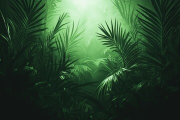 Lush green jungle foliage, dimly lit with a soft green glow