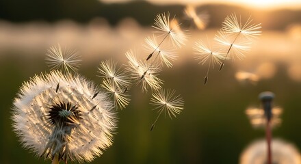 Obraz premium Dandelion seeds dispersing in the wind at sunset.
