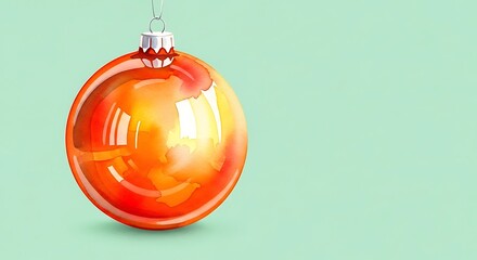 Watercolor christmas ornament in shades of orange and red hanging against a light green background