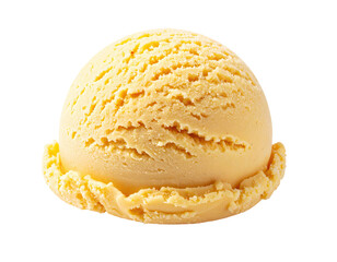 Close-up shot of a single, perfectly scooped ball of creamy, light-yellow ice cream