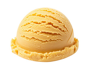 A close-up shot of a single, perfectly scooped, golden-yellow ice cream ball