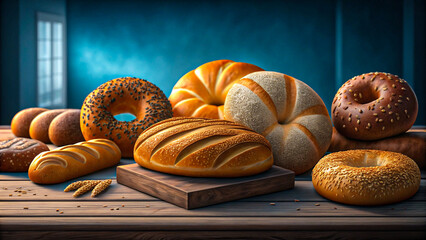 Fresh Assorted Bread Loaves and Bagels on Wooden Table