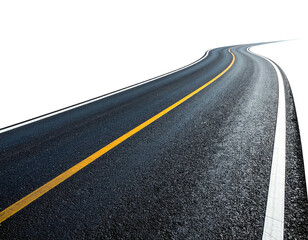 A winding asphalt road with a yellow centerline and white lane markers against black