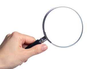 A hand holds a magnifying glass against a black background, examining detail