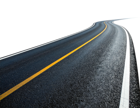 A winding asphalt road with a yellow centerline and white lane markers against black