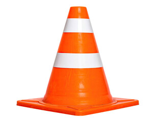 Isolated orange traffic cone with white stripes, on a transparent background
