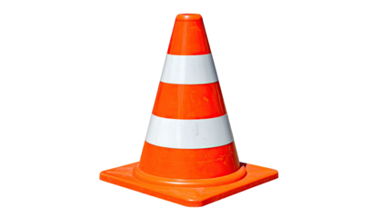 Bright orange and white striped traffic cone, triangular shape, set on a black backdrop