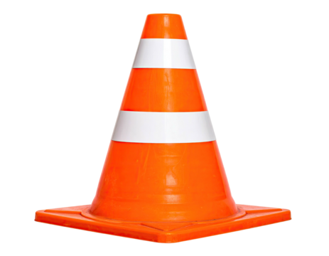 Isolated orange traffic cone with white stripes, on a transparent background