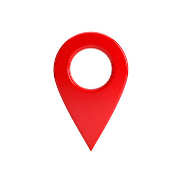 A glossy, red, 3D location marker with a circular top, isolated against a black backdrop