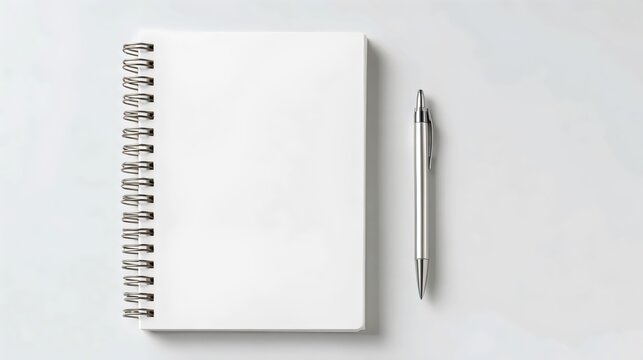 A clean spiral notebook and a silver pen on a white surface, perfect for jotting down ideas.