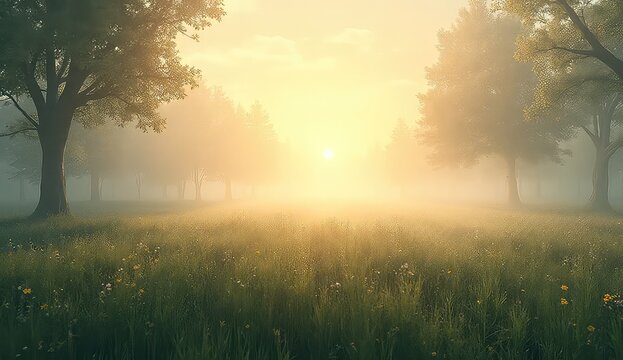 Serene misty meadow bathed in golden sunrise light, tranquil trees framing a peaceful dawn awakening with delicate wildflowers.