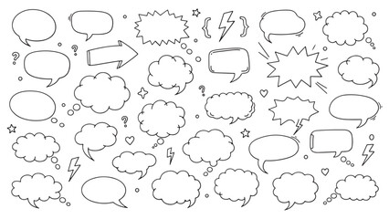 Obraz premium Line frame text speech bubble set. Line balloon frame design talk speech bubble frame. Comic japan style design conversation text dialog balloon, simple doodle thinking cloud. Vector illustration