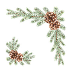 Spruce tree branches with cones. Set of corner frame isolated illustration. Watercolor border for Christmas design. Hand drawn pine twig for winter holiday packaging. Template for card with copy space
