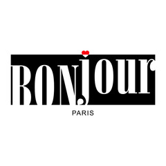 Modern French typography art with the word “Bonjour Paris” in a bold black-and-white design accented by a red heart. Perfect for fashion prints, posters, or minimalist wall art with Parisian flair. © gorgang