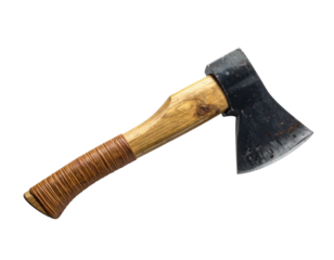 An isolated steel and wood axe with a wooden handle and leather grip on black