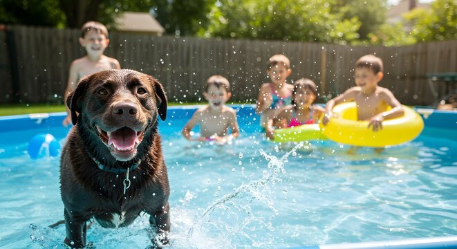 Children playing in pool with dog