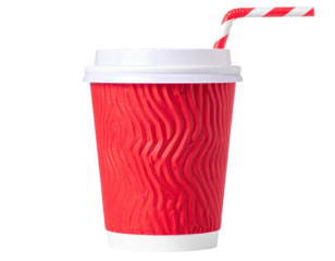 A bright red textured cup with a white lid and a striped straw, isolated on black