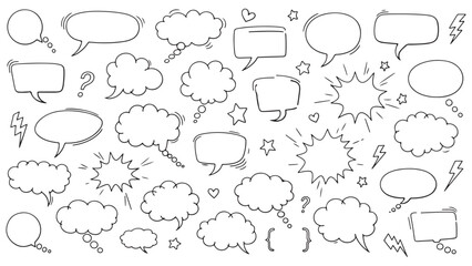 Fototapeta premium Line frame text speech bubble set. Line balloon frame design talk speech bubble frame. Comic japan style design conversation text dialog balloon, simple doodle thinking cloud. Vector illustration