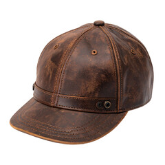 Brown leather baseball cap with a distressed finish and brim, isolated on black