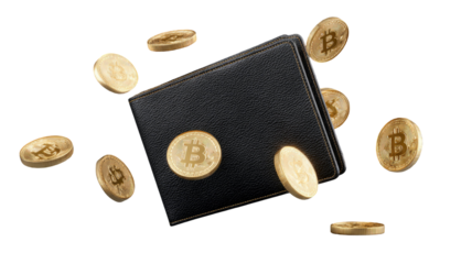 Black leather wallet with golden coins showing wealth, savings, and personal finance concept isolated on white background
