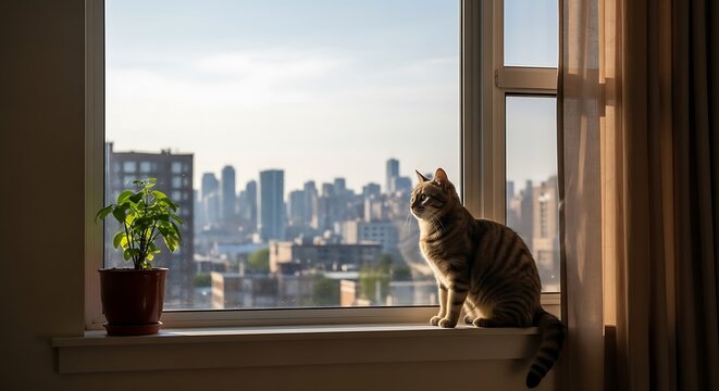 Cat Contemplating the Cityscape from a Sunny Window.