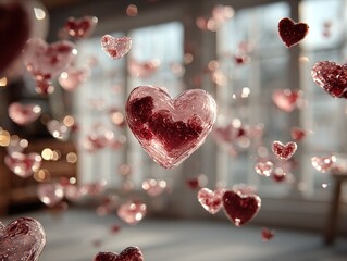 Dark room with pink and red glowing hearts floating, enchanting Valentine's Day atmosphere, blurred background for depth and romantic scene