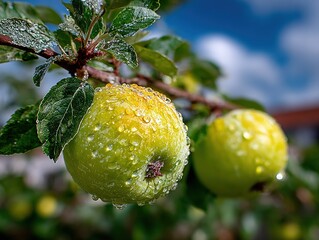 Close-up of green apples hanging from apple tree branch with blue sky and white clouds background, focus on detailed textures of leaves and fruits