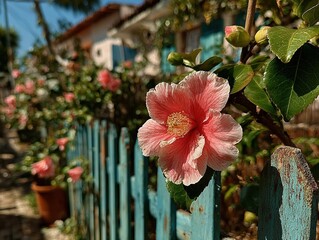 Red flower in garden with green leaves and plants, outdoor fence background, no other plants around, two pomegranate trees in front, sunny day and high definition