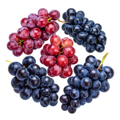 Five grape bunches, red and purple, arranged in a circular pattern on a black background