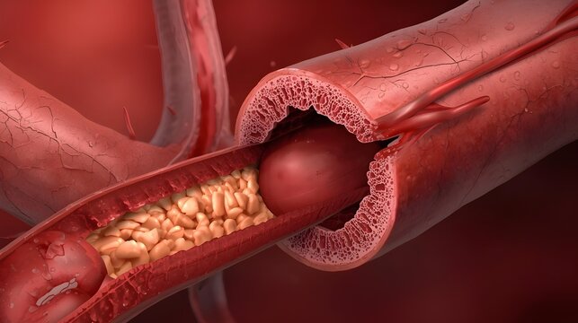 Cross section of coronary artery with some fad made a clog, sparing narrow vessel for blood to flow, illustrating arterial coronary disease