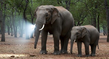 Fototapeta premium Elephant mother and calf in forest