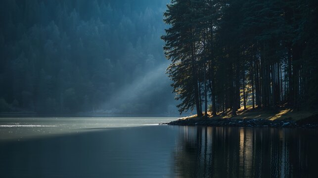 Calm lake reflecting tall evergreen trees with soft morning light creating peaceful forest atmosphere and natural wilderness landscape scenery