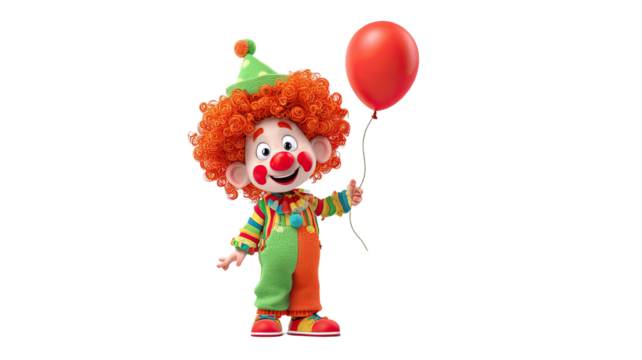 Cartoon clown with orange curly hair, colorful costume, and cheerful circus character expression isolated on white background