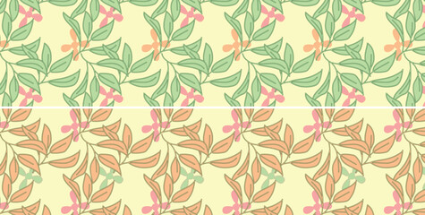 Fototapeta premium Modern minimalist leaf-bunch floral seamless pattern in pastel greens and coral Variations — for fashion apparel, stationery, home textiles, and decorative interior surfaces 