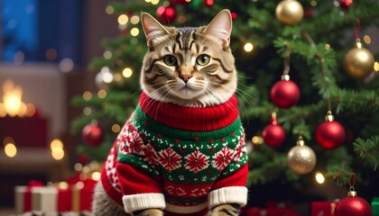 Obraz premium Festive Cat in Christmas Sweater with Sitting by Decorated Tree Gifts, and Holiday Season.