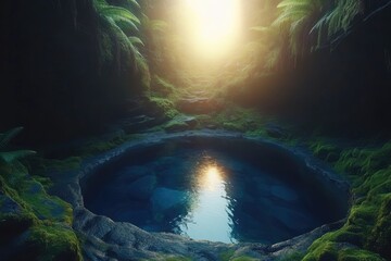 Sunlit mossy cave pool