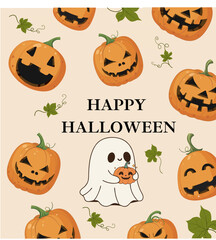 Cute Halloween Background with Pumpkins and Funny Ghost Illustration