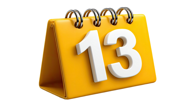 3D yellow calendar showing 13th date for reminder, scheduling, and important day concept isolated on white background
