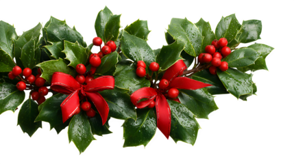Elegant Christmas corner border featuring holly leaves, berries, and festive red bows isolated on white background