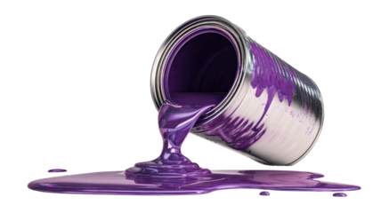 Purple tilted paint bucket spilled with flowing liquid color and artistic mess effect isolated on white background