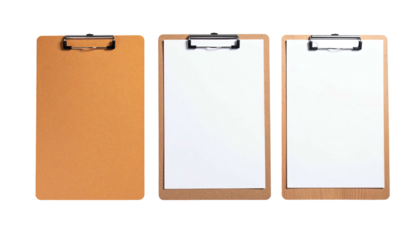 Three clipboards, one empty, one blank paper, one with a brown backing