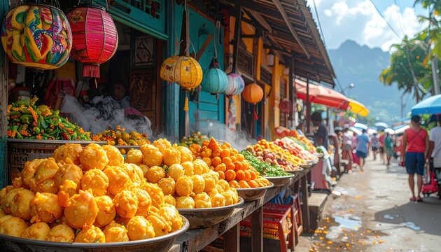 Colorful food stalls brimming with various fruits, vegetables, and prepared snacks line a bustling street, decorated with vibrant lanterns under a bright sunny sky, showcasing a lively market scene...