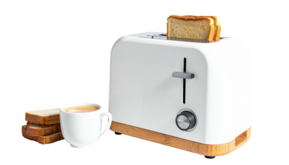 A white toaster with one slice of toast popping out, a cup, and bread slices