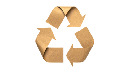 3D rendered, brown paper recycle symbol isolated against black background