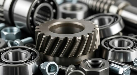 Close-up of Gears, Bearings, Nuts, and Bolts for Mechanical Engineering.
