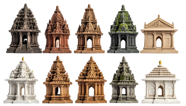 A row of ornate, varying-colored miniature temples with detailed architecture