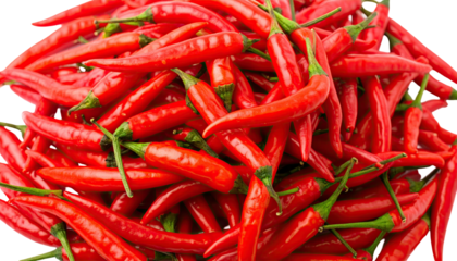 A vibrant pile of fresh, red chili peppers, with green stems, closely packed together